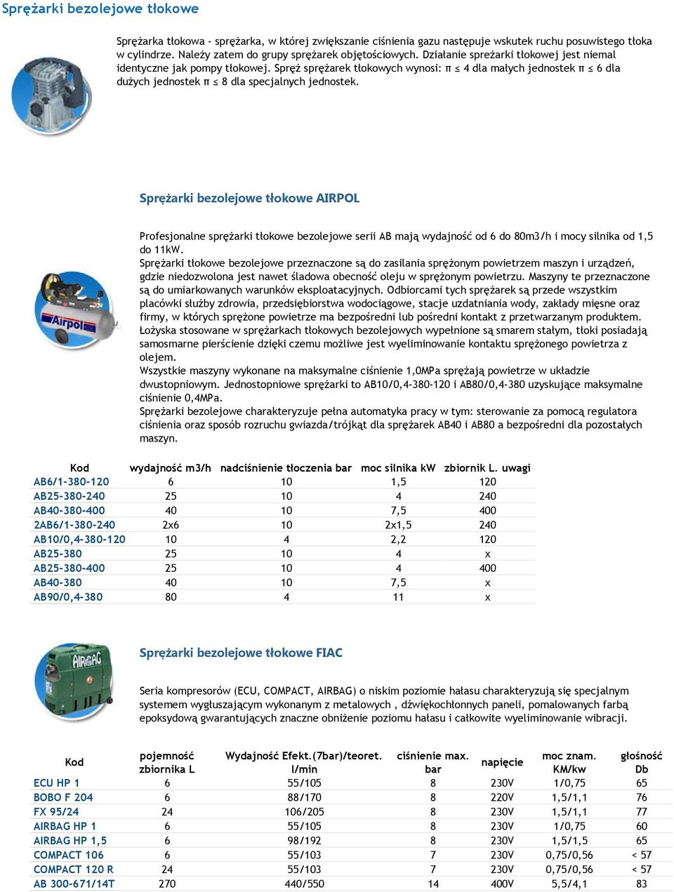Sprężarki bezolejowe tłokowe AIRPOL Profesjonalne spręŝarki tłokowe bezolejowe serii AB mają wydajność od 6 do 80m3/h i mocy silnika od 1,5 do 11kW.