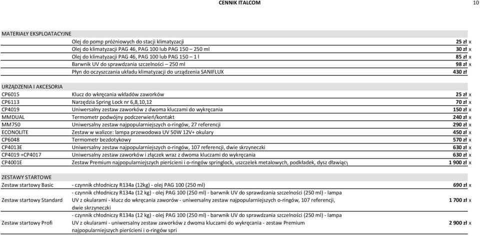 wkładów zaworków 25 zł x CP6113 Narzędzia Spring Lock nr 6,8,10,12 70 zł x CP4019 Uniwersalny zestaw zaworków z dwoma kluczami do wykręcania 150 zł x MMDUAL Termometr podwójny podczerwień/kontakt 240