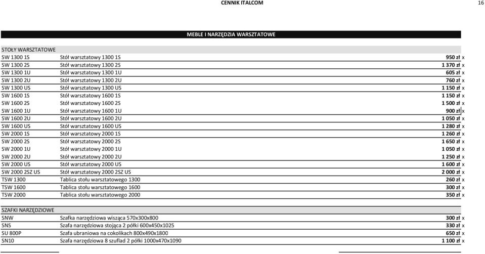1U Stół warsztatowy 1600 1U 900 zł x SW 1600 2U Stół warsztatowy 1600 2U 1 050 zł x SW 1600 US Stół warsztatowy 1600 US 1 280 zł x SW 2000 1S Stół warsztatowy 2000 1S 1 260 zł x SW 2000 2S Stół