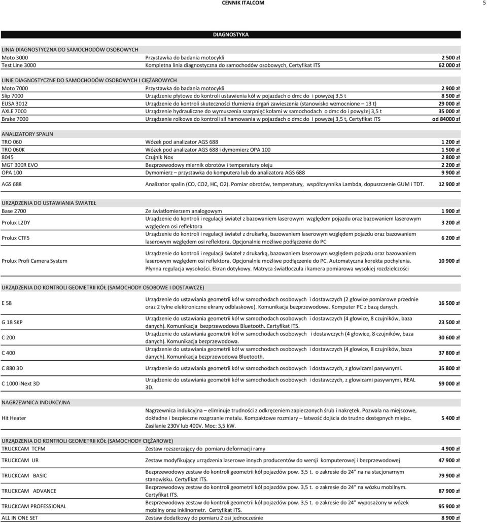 pojazdach o dmc do i powyżej 3,5 t 8 500 zł EUSA 3012 Urządzenie do kontroli skuteczności tłumienia drgań zawieszenia (stanowisko wzmocnione 13 t) 29 000 zł AXLE 7000 Urządzenie hydrauliczne do