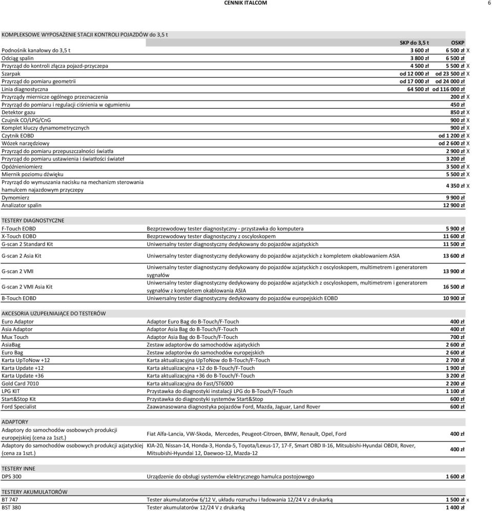 ogólnego przeznaczenia 200 zł X Przyrząd do pomiaru i regulacji ciśnienia w ogumieniu Detektor gazu 450 zł 850 zł X Czujnik CO/LPG/CnG 900 zł X Komplet kluczy dynamometrycznych 900 zł X Czytnik EOBD