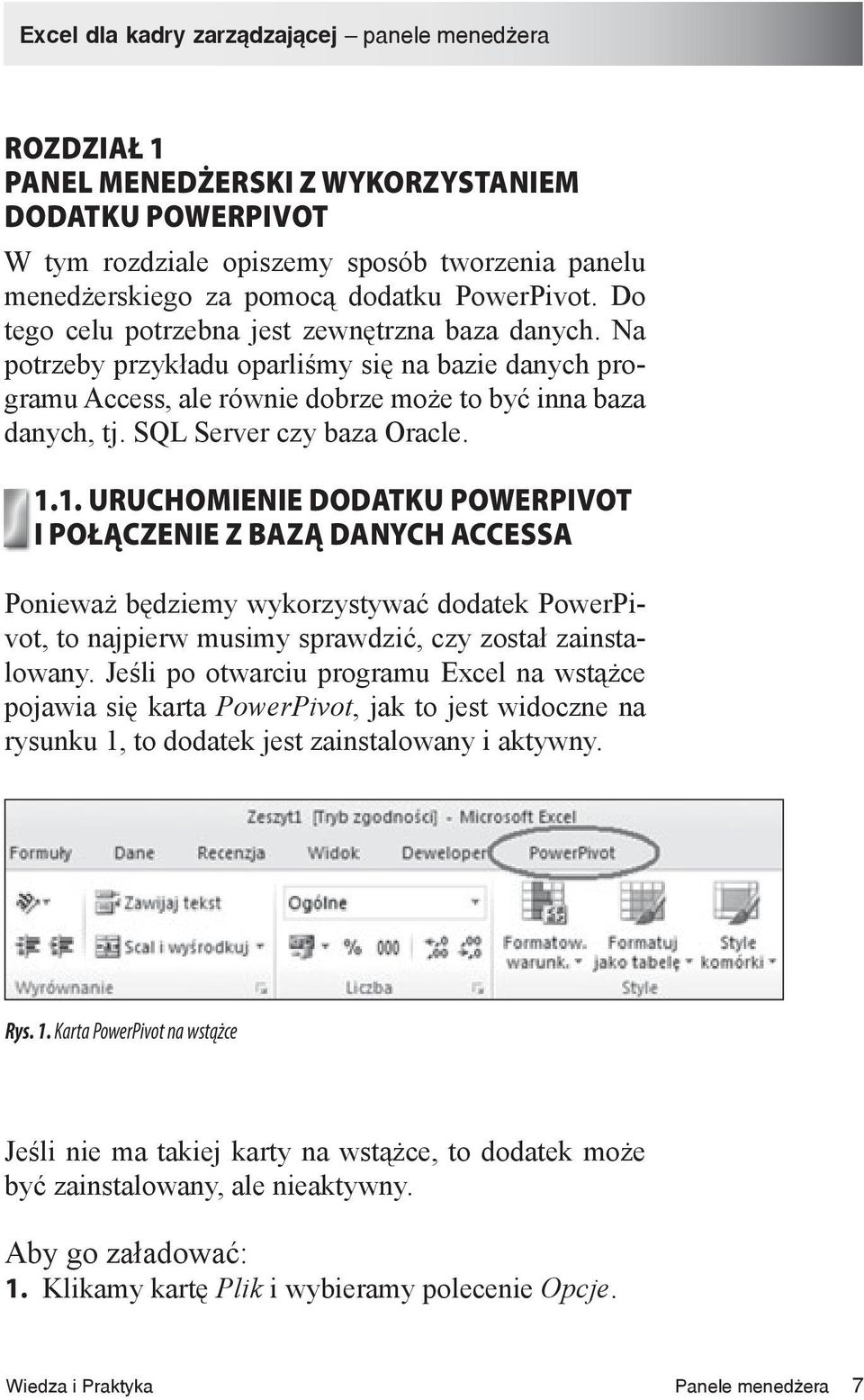 1.1. URUCHOMIENIE DODATKU POWERPIVOT I POŁĄCZENIE Z BAZĄ DANYCH ACCESSA Ponieważ będziemy wykorzystywać dodatek PowerPivot, to najpierw musimy sprawdzić, czy został zainstalowany.