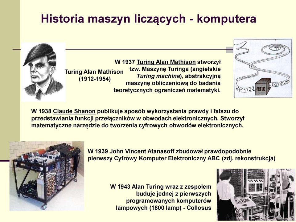 W 1938 Claude Shanon publikuje sposób wykorzystania prawdy i fałszu do przedstawiania funkcji przełączników w obwodach elektronicznych.