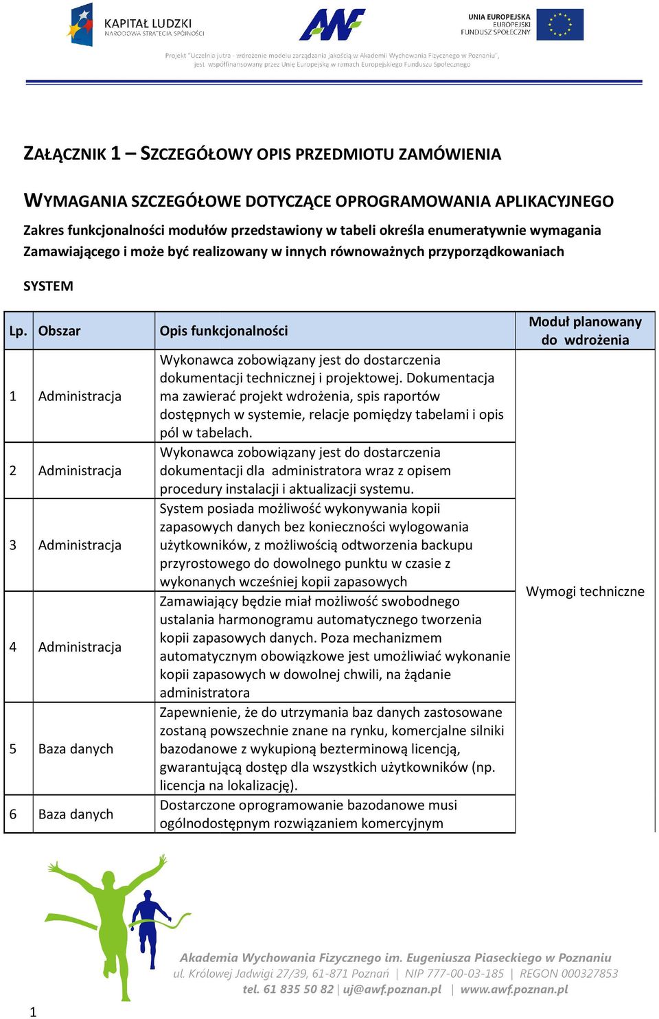 Obszar 1 Administracja 2 Administracja 3 Administracja 4 Administracja 5 Baza danych 6 Baza danych Wykonawca zobowiązany jest do dostarczenia dokumentacji technicznej i projektowej.