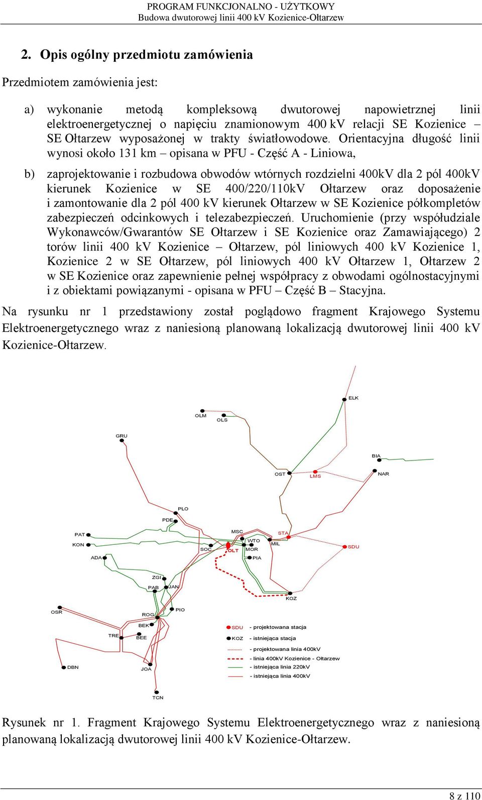 Orientacyjna długość linii wynosi około 131 km opisana w PFU - Część A - Liniowa, b) zaprojektowanie i rozbudowa obwodów wtórnych rozdzielni 400kV dla 2 pól 400kV kierunek Kozienice w SE