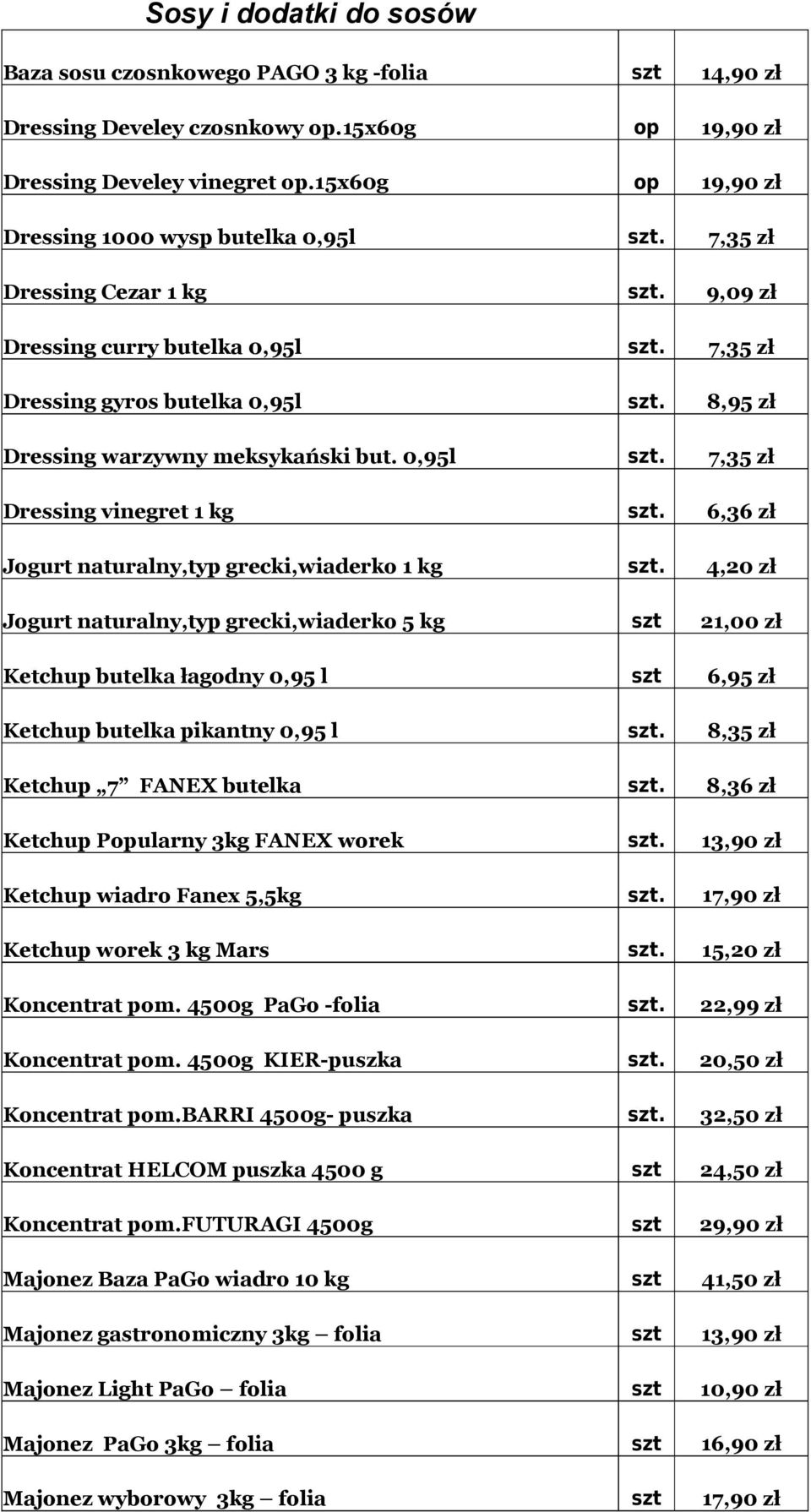 8,95 zł Dressing warzywny meksykański but. 0,95l szt. 7,35 zł Dressing vinegret 1 kg szt. 6,36 zł Jogurt naturalny,typ grecki,wiaderko 1 kg szt.