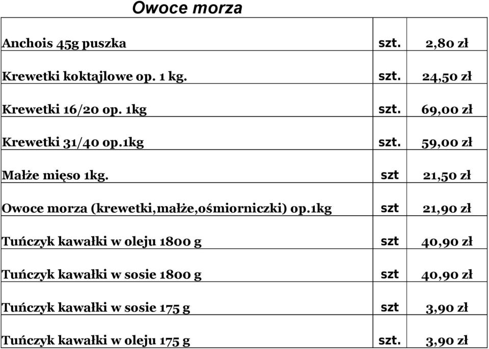 szt 21,50 zł Owoce morza (krewetki,małże,ośmiorniczki) op.