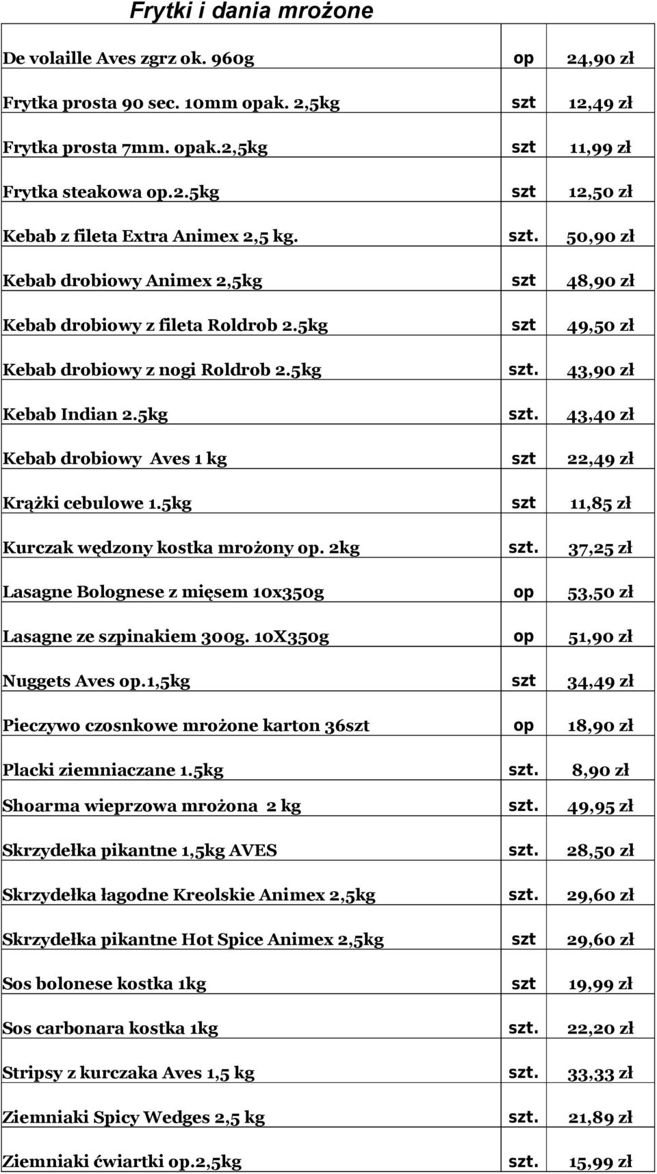 5kg szt 11,85 zł Kurczak wędzony kostka mrożony op. 2kg szt. 37,25 zł Lasagne Bolognese z mięsem 10x350g op 53,50 zł Lasagne ze szpinakiem 300g. 10X350g op 51,90 zł Nuggets Aves op.