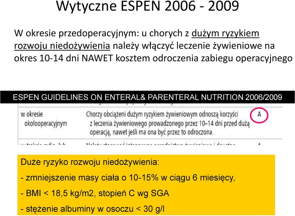 GUIDELINES ON ENTERAL& PARENTERAL NUTRITION 2006/2009 Duże ryzyko rozwoju niedożywienia: - zmniejszenie