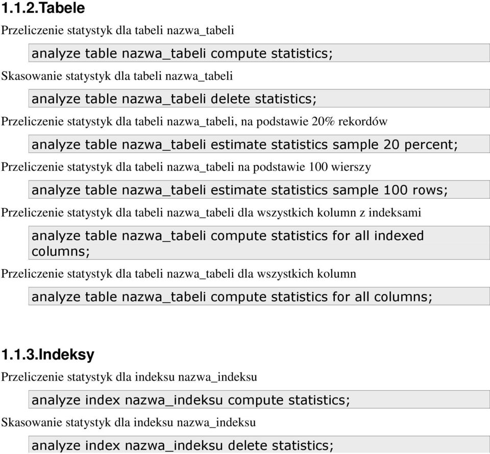 Przeliczenie statystyk dla tabeli nazwa_tabeli, na podstawie 20% rekordów analyze table nazwa_tabeli estimate statistics sample 20 percent; Przeliczenie statystyk dla tabeli nazwa_tabeli na podstawie