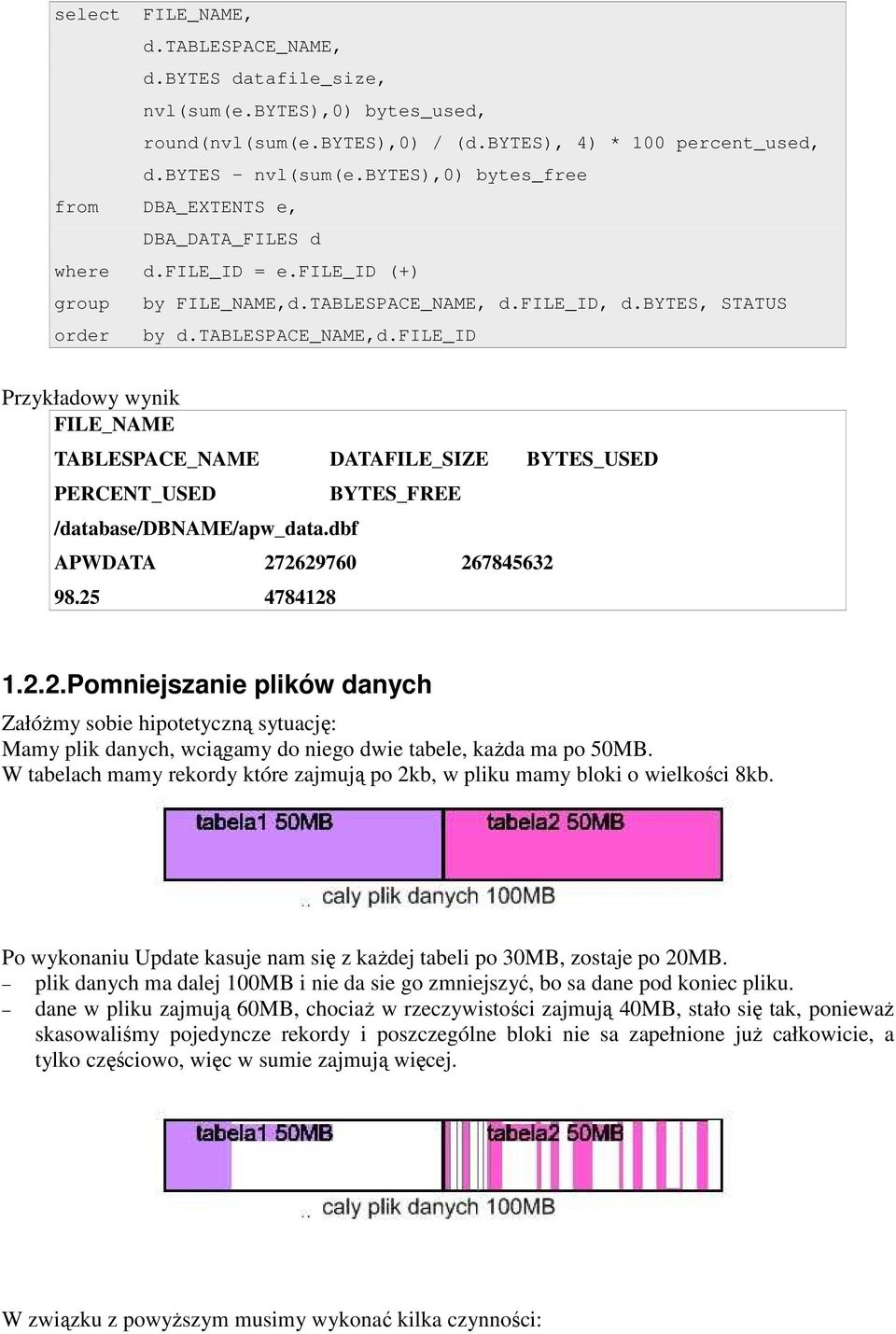 file_id Przykładowy wynik FILE_NAME TABLESPACE_NAME DATAFILE_SIZE BYTES_USED PERCENT_USED /database/dbname/apw_data.dbf BYTES_FREE APWDATA 27