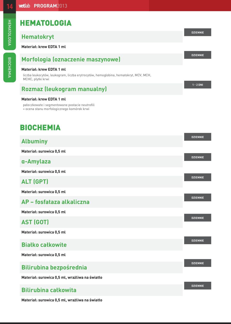 krew EDTA 1 ml pałeczkowate i segmentowane postacie neutrofili + ocena stanu morfologicznego komórek krwi 1-2 dni BIOCHEMIA Albuminy α-amylaza