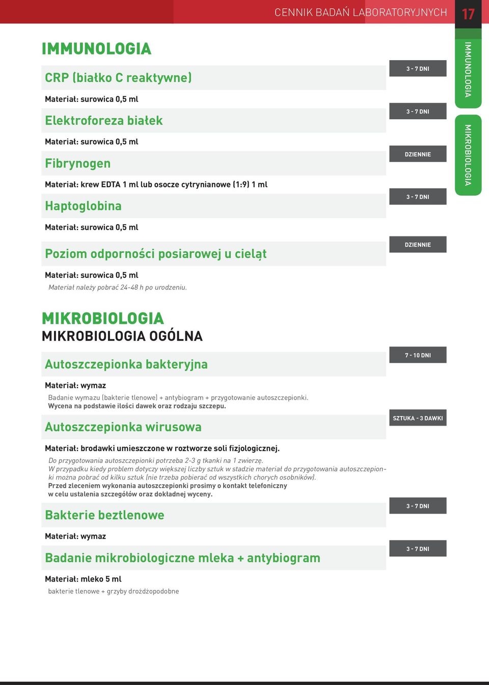 CENNIK BADAŃ LABORATORYJNYCH 17 IMMUNOLOGIA MIKROBIOLOGIA MIKROBIOLOGIA MIKROBIOLOGIA OGÓLNA Autoszczepionka bakteryjna Materiał: wymaz Badanie wymazu (bakterie tlenowe) + antybiogram + przygotowanie