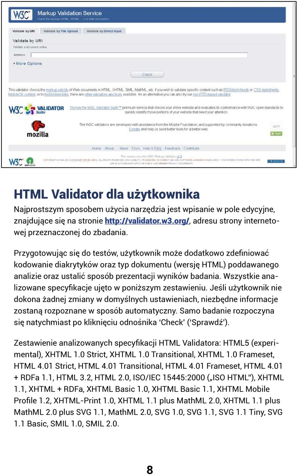 Przygotowując się do testów, użytkownik może dodatkowo zdefiniować kodowanie diakrytyków oraz typ dokumentu (wersję HTML) poddawanego analizie oraz ustalić sposób prezentacji wyników badania.