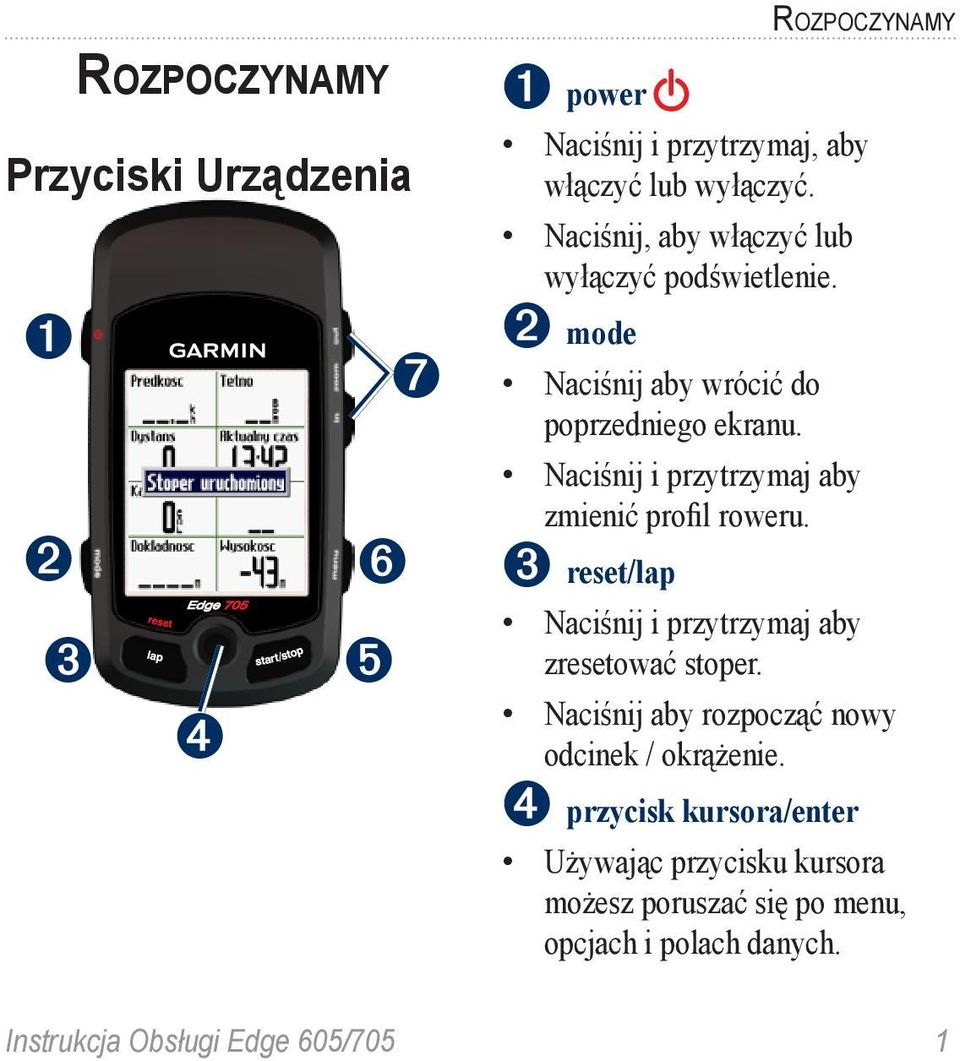 Naciśnij i przytrzymaj aby zmienić profil roweru. ➌ reset/lap Naciśnij i przytrzymaj aby zresetować stoper.