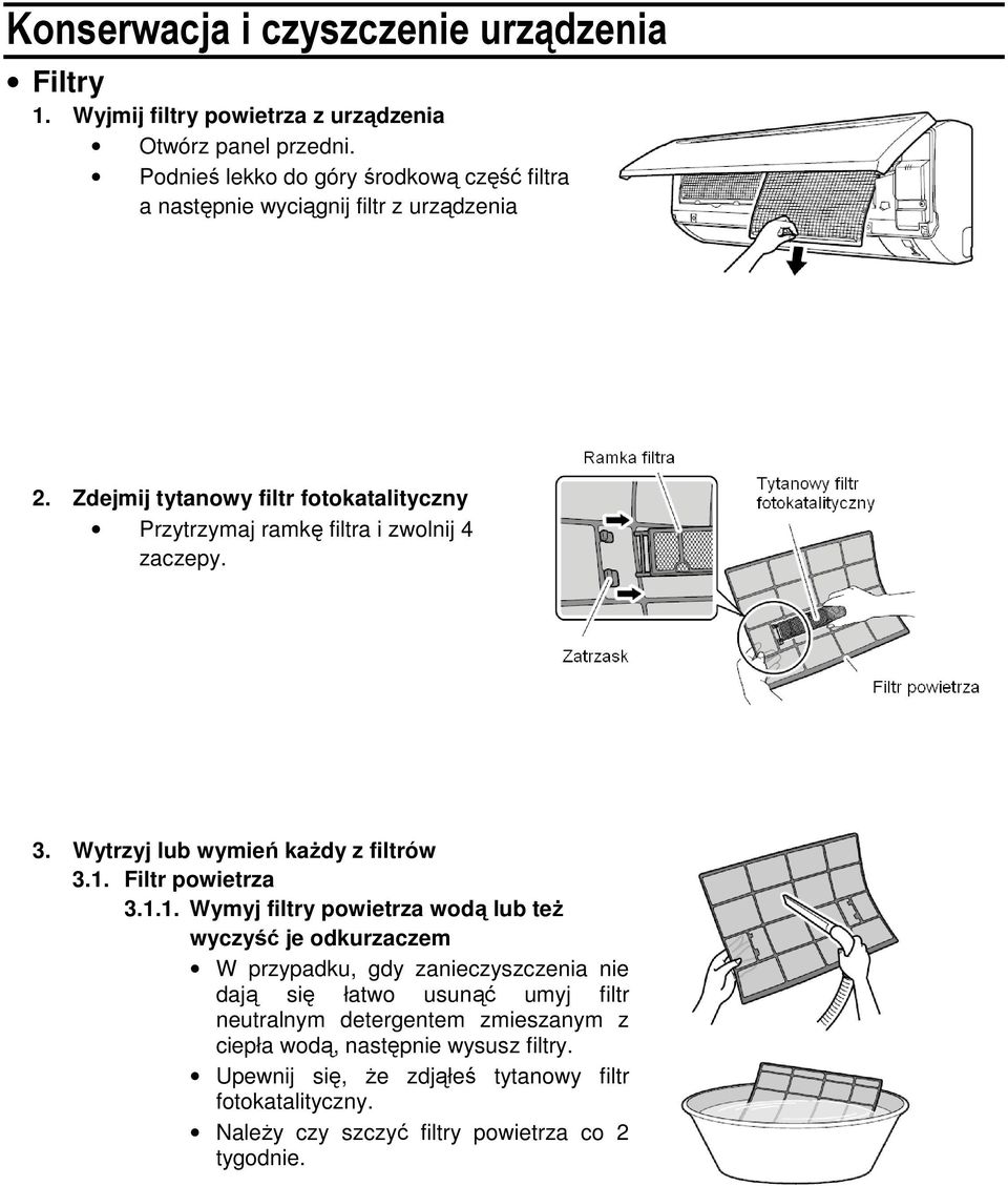 Zdejmij tytanowy filtr fotokatalityczny Przytrzymaj ramkę filtra i zwolnij 4 zaczepy. 3. Wytrzyj lub wymień każdy z filtrów 3.1.