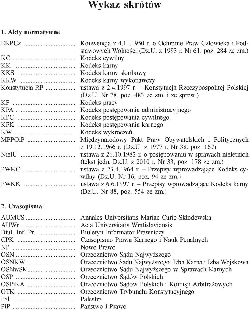 .. Kodeks postępowania administracyjnego KPC... Kodeks postępowania cywilnego KPK... Kodeks postępowania karnego KW... Kodeks wykroczeń MPPOiP.