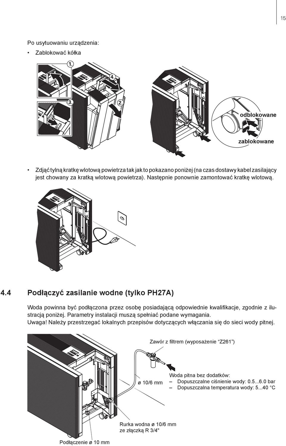 Następnie ponownie zamontować kratkę wlotową. 4.4 Podłączyć zasilanie wodne (tylko PH27A) Woda powinna być podłączona przez osobę posiadającą odpowiednie kwalifikacje, zgodnie z ilustracją poniżej.