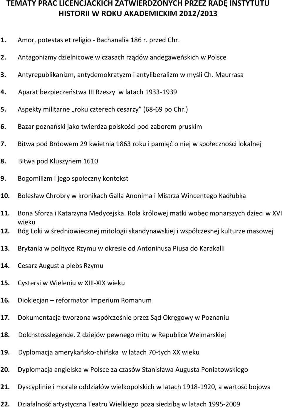 Bazar poznański jako twierdza polskości pod zaborem pruskim 7. Bitwa pod Brdowem 29 kwietnia 1863 roku i pamięć o niej w społeczności lokalnej 8. Bitwa pod Kłuszynem 1610 9.