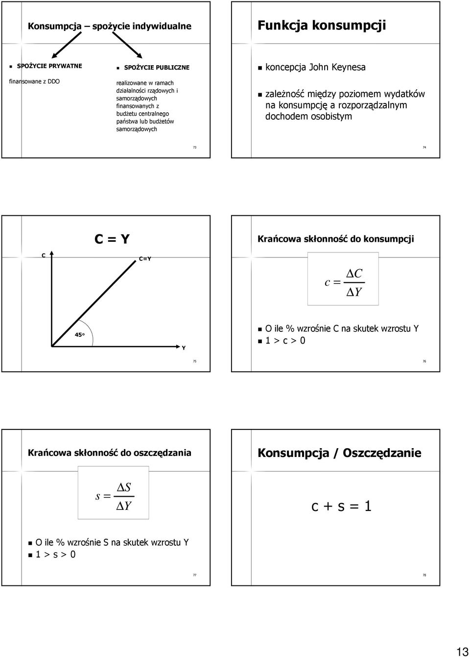 konsumpcję a rozporządzalnym dochodem osobistym 73 74 C = Y Krańcowa skłonność do konsumpcji C C=Y c = C Y 45 o Y O ile % wzrośnie C na skutek wzrostu