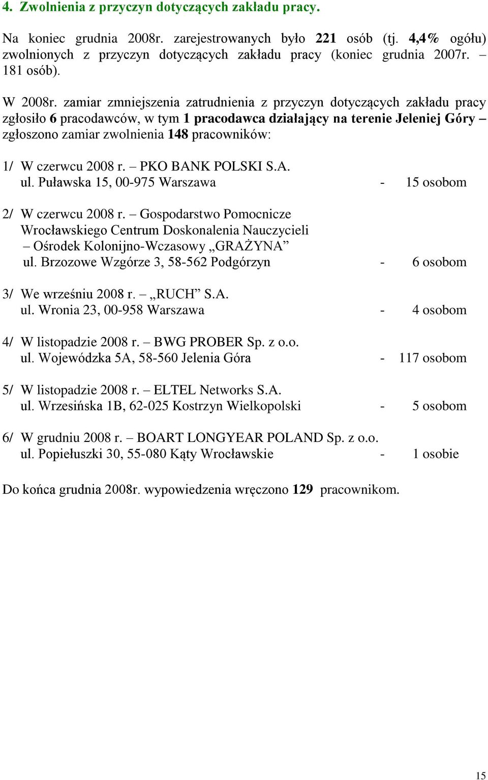 zamiar zmniejszenia zatrudnienia z przyczyn dotyczących zakładu pracy zgłosiło 6 pracodawców, w tym 1 pracodawca działający na terenie Jeleniej Góry zgłoszono zamiar zwolnienia 148 pracowników: 1/ W