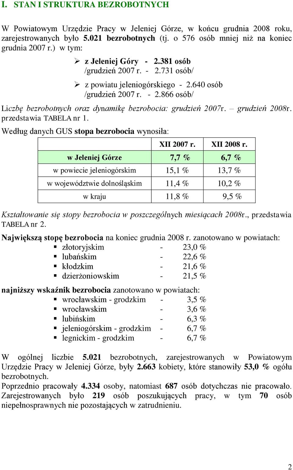 grudzień 2008r. przedstawia TABELA nr 1. Według danych GUS stopa bezrobocia wynosiła: XII 2007 r. XII 2008 r.