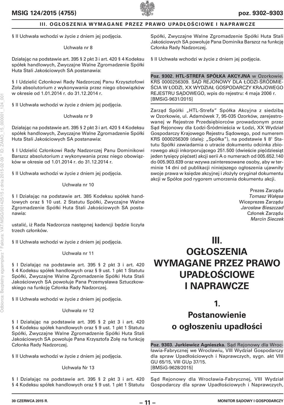 420 4 Kodeksu spółek handlowych, Zwyczajne Walne Zgromadzenie Spółki Huta Stali Jakościowych SA postanawia: I Udzielić Członkowi Rady Nadzorczej Panu Krzysztofowi Zoła absolutorium z wykonywania