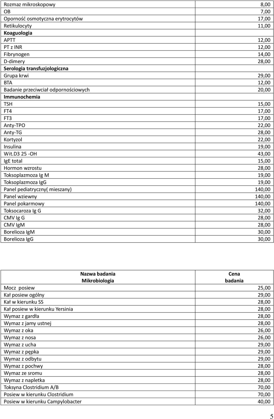 D3 25 -OH 43,00 IgE total 15,00 Hormon wzrostu 28,00 Toksoplazmoza Ig M 19,00 Toksoplazmoza IgG 19,00 Panel pediatryczny( mieszany) 140,00 Panel wziewny 140,00 Panel pokarmowy 140,00 Toksocaroza Ig G