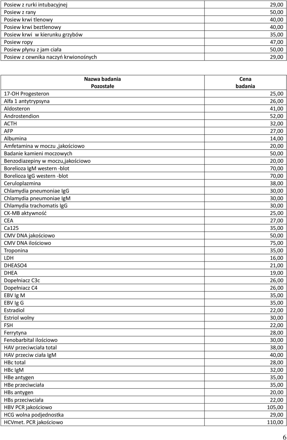 14,00 Amfetamina w moczu,jakościowo 20,00 Badanie kamieni moczowych 50,00 Benzodiazepiny w moczu,jakościowo 20,00 Borelioza IgM western -blot 70,00 Borelioza IgG western -blot 70,00 Ceruloplazmina