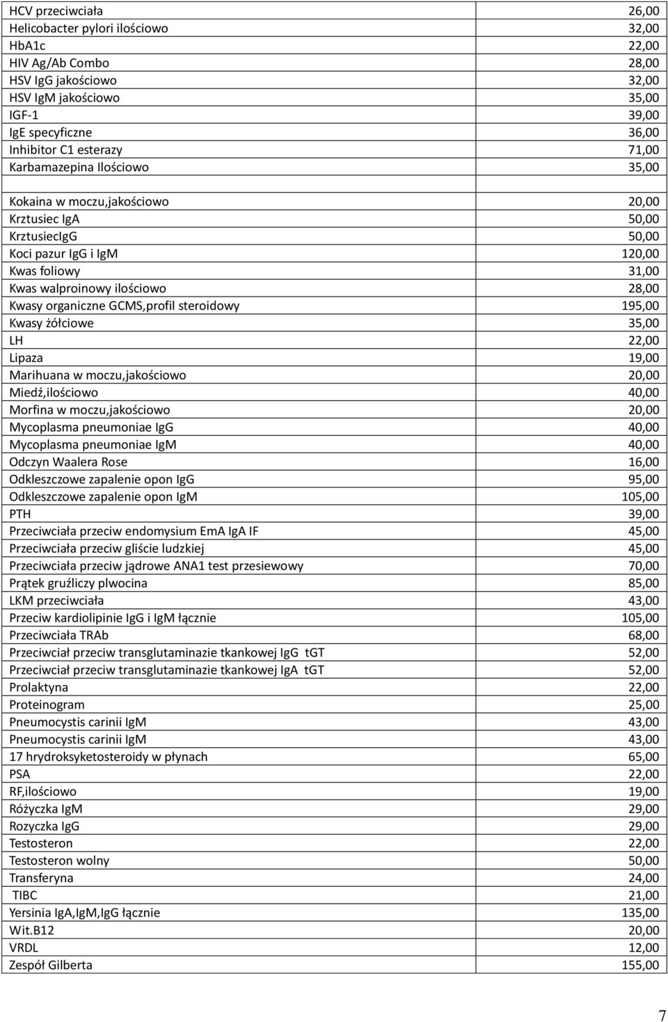 organiczne GCMS,profil steroidowy 195,00 Kwasy żółciowe 35,00 LH 22,00 Lipaza 19,00 Marihuana w moczu,jakościowo 20,00 Miedź,ilościowo 40,00 Morfina w moczu,jakościowo 20,00 Mycoplasma pneumoniae IgG