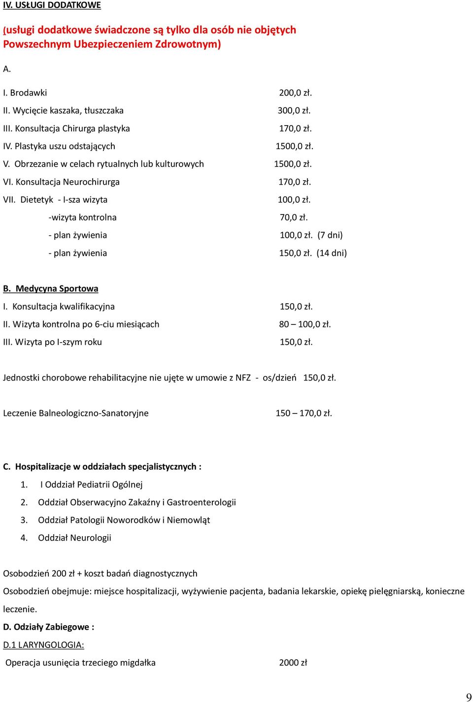 Dietetyk - I-sza wizyta -wizyta kontrolna 170,0 zł. 100,0 zł. 70,0 zł. - plan żywienia 100,0 zł. (7 dni) - plan żywienia 150,0 zł. (14 dni) B. Medycyna Sportowa I. Konsultacja kwalifikacyjna 150,0 zł.