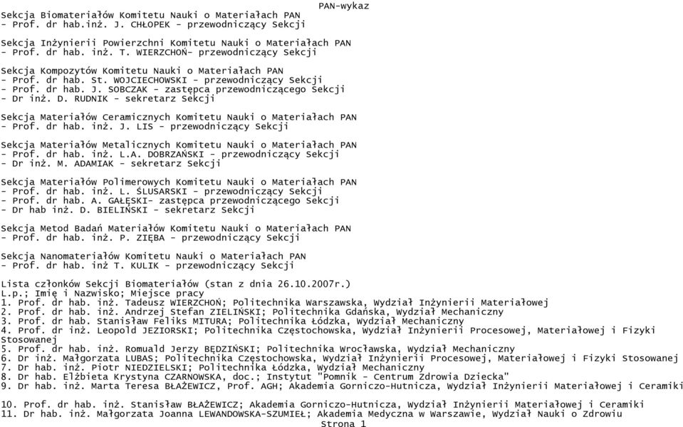 SOBCZAK - zastępca przewodniczącego Sekcji - Dr inż. D. RUDNIK - sekretarz Sekcji Sekcja Materiałów Ceramicznych Komitetu Nauki o Materiałach PAN - Prof. dr hab. inż. J.