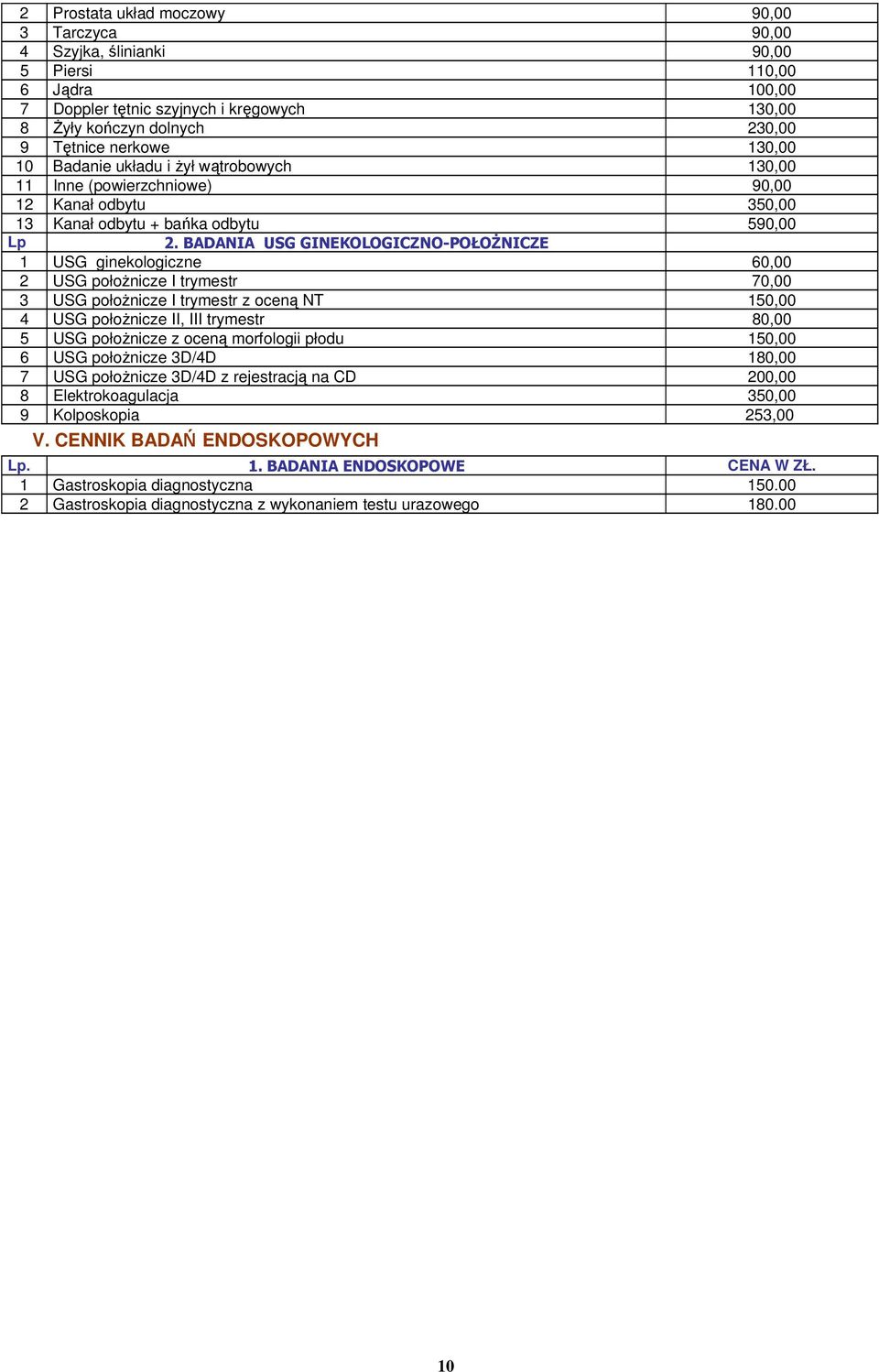 BADANIA USG GINEKOLOGICZNO-POŁOŻNICZE 1 USG ginekologiczne 60,00 2 USG położnicze I trymestr 70,00 3 USG położnicze I trymestr z oceną NT 150,00 4 USG położnicze II, III trymestr 80,00 5 USG
