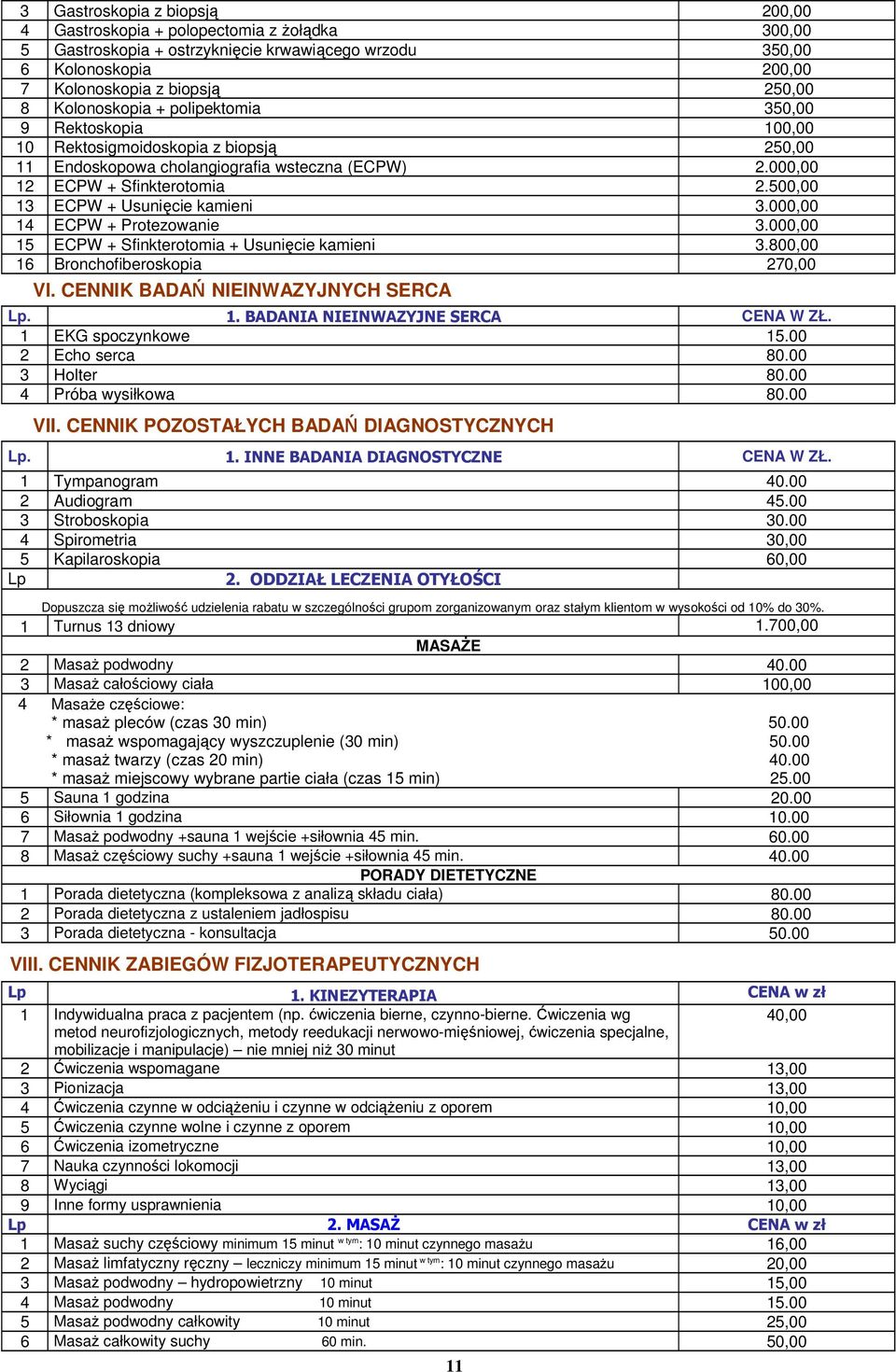 500,00 13 ECPW + Usunięcie kamieni 3.000,00 14 ECPW + Protezowanie 3.000,00 15 ECPW + Sfinkterotomia + Usunięcie kamieni 3.800,00 16 Bronchofiberoskopia 270,00 VI.