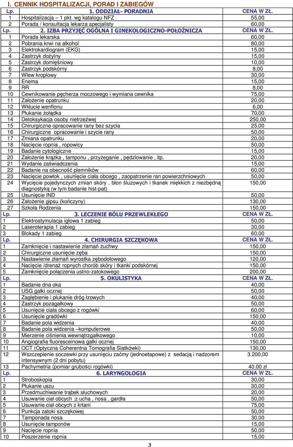 15,00 9 RR 8,00 10 Cewnikowanie pęcherza moczowego i wymiana cewnika 75,00 11 Założenie opatrunku 20,00 12 Wkłucie wenflonu 6,00 13 Płukanie żołądka 70,00 14 Detoksykacja osoby nietrzeźwej 250,00 15