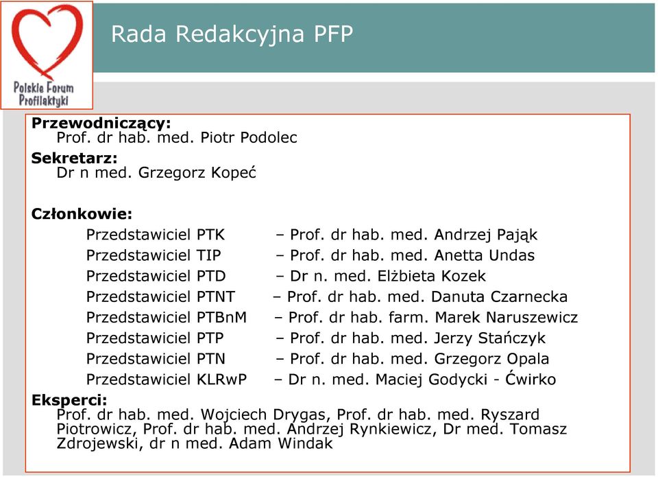 Marek Naruszewicz Przedstawiciel PTP Prof. dr hab. med. Jerzy Stańczyk Przedstawiciel PTN Prof. dr hab. med. Grzegorz Opala Przedstawiciel KLRwP Dr n. med. Maciej Godycki - Ćwirko Eksperci: Prof.