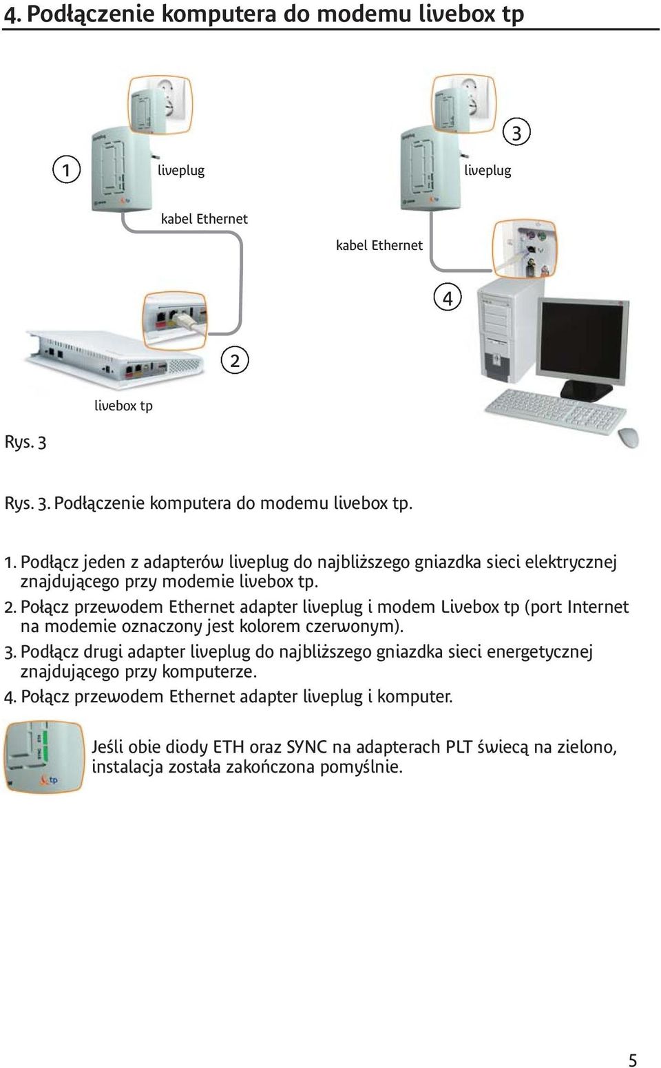 Podłącz drugi adapter do najbliższego gniazdka sieci energetycznej znajdującego przy komputerze. 4. Połącz przewodem Ethernet adapter i komputer.