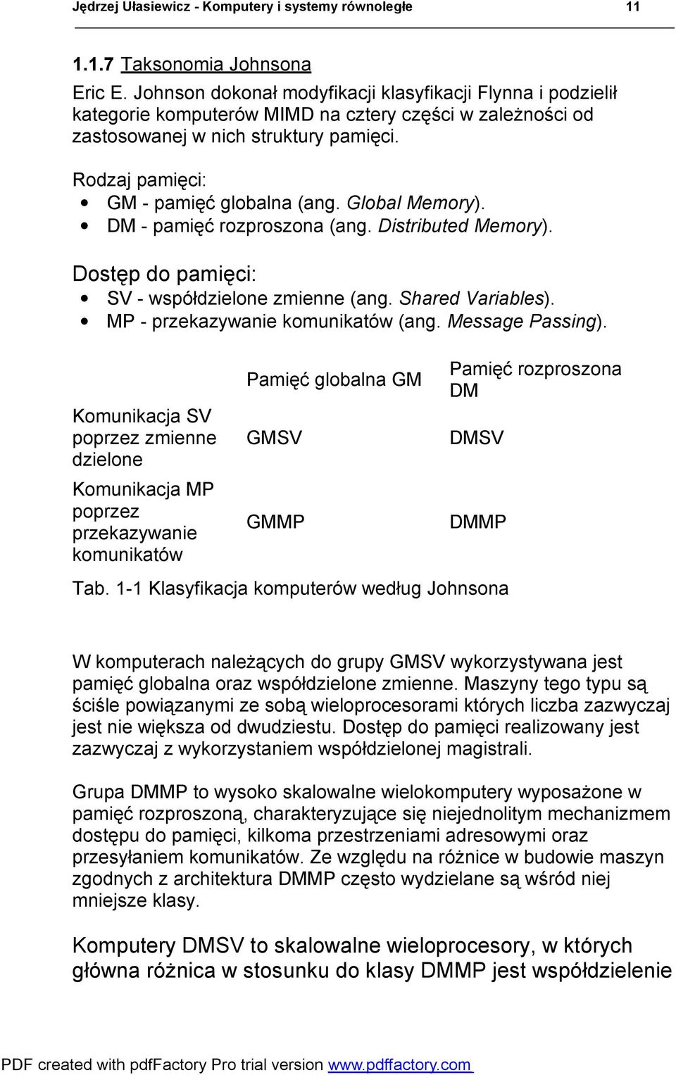 Global Memory). DM - pamięć rozproszona (ang. Distributed Memory). Dostęp do pamięci: SV - współdzielone zmienne (ang. Shared Variables). MP - przekazywanie komunikatów (ang. Message Passing).