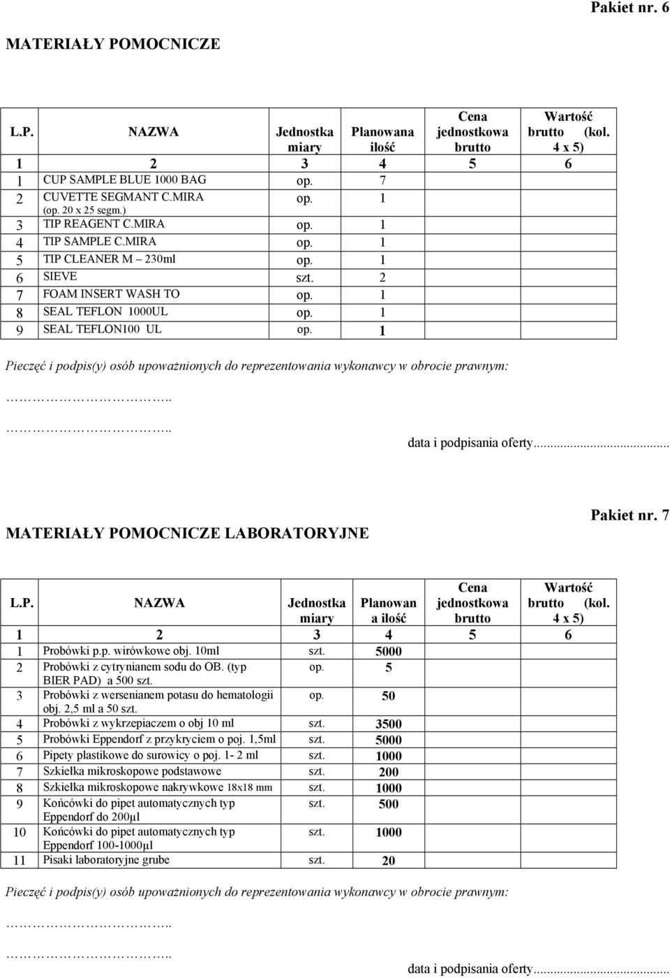 10ml szt. 5000 Probówki z cytrynianem sodu do OB. (typ op. 5 BIER PAD) a 500 szt. 3 Probówki z wersenianem potasu do hematologii op. 50 obj.,5 ml a 50 szt. Probówki z wykrzepiaczem o obj 10 ml szt.