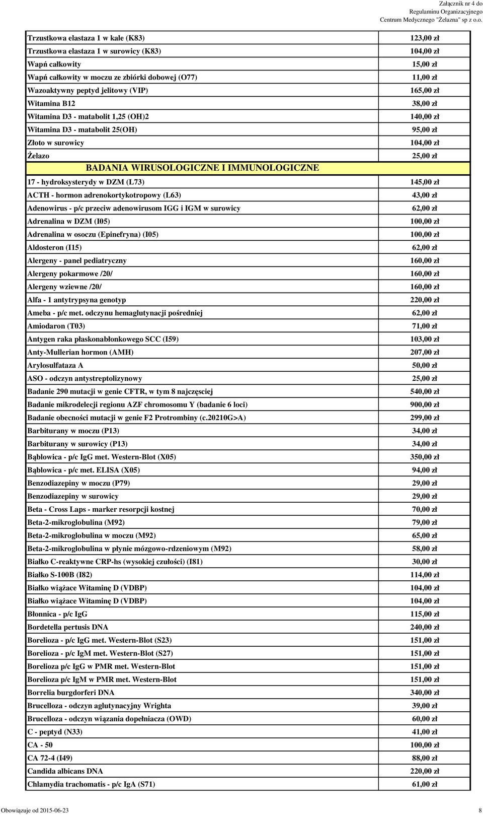 hormon adrenokortykotropowy (L63) Adenowirus - p/c przeciw adenowirusom IGG i IGM w surowicy Adrenalina w DZM (I05) Adrenalina w osoczu (Epinefryna) (I05) Aldosteron (I15) Alergeny - panel