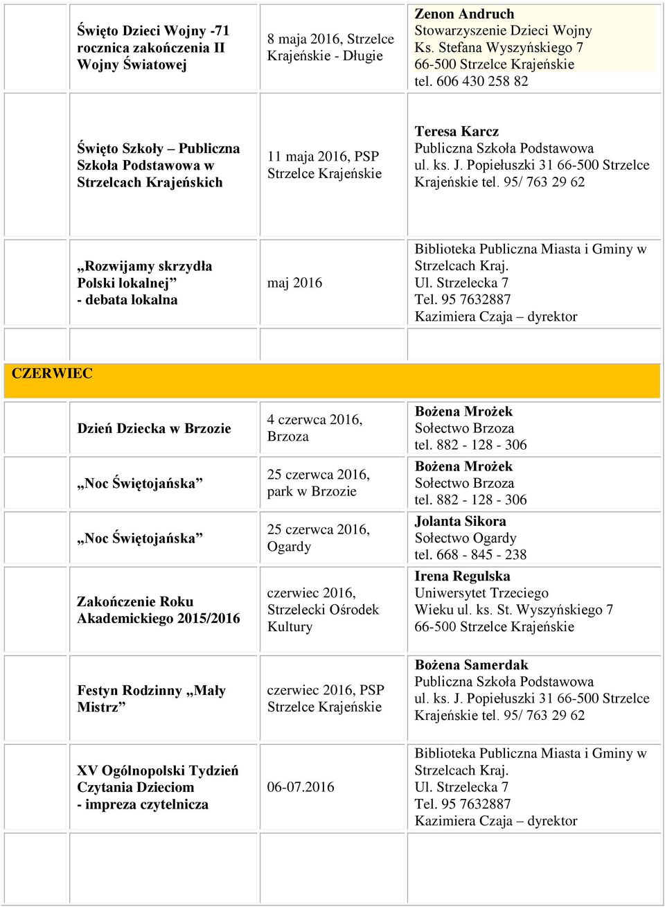 Dzień Dziecka w Noc Świętojańska Noc Świętojańska Zakończenie Roku Akademickiego 2015/2016 4 czerwca 2016, Brzoza 25 czerwca 2016, park w 25 czerwca 2016, Ogardy czerwiec 2016, Strzelecki Ośrodek