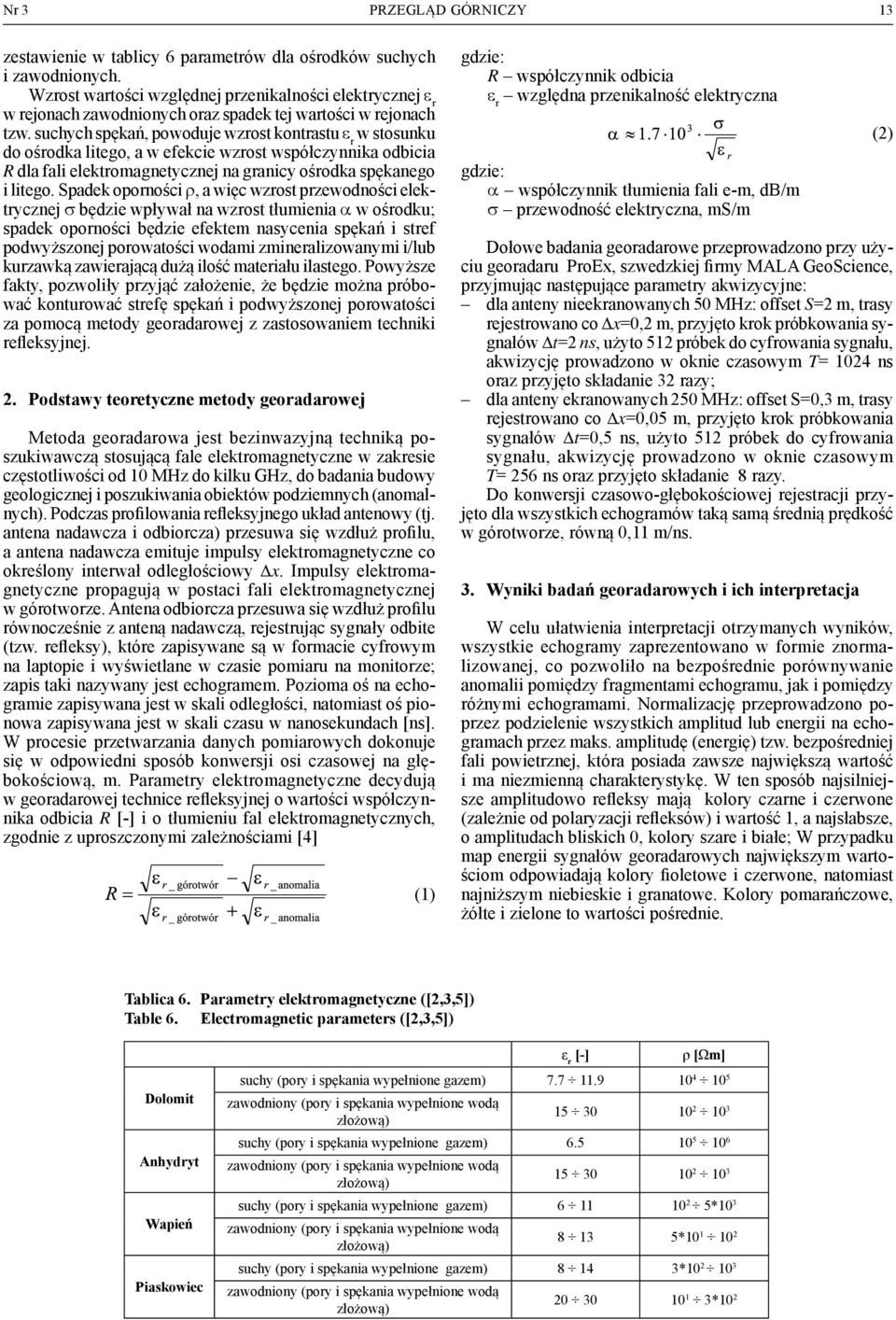 suchych spękań, powoduje wzrost kontrastu e r w stosunku do ośrodka litego, a w efekcie wzrost współczynnika odbicia R dla fali elektromagnetycznej na granicy ośrodka spękanego i litego.