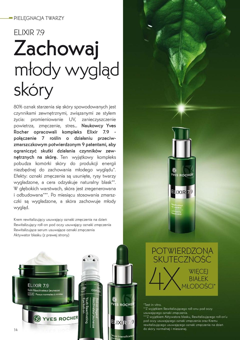 Naukowcy Yves Rocher opracowali kompleks Elixir 7.9 - połączenie 7 roślin o działaniu przeciwzmarszczkowym potwierdzonym 9 patentami, aby ograniczyć skutki działania czynników zewnętrznych na skórę.