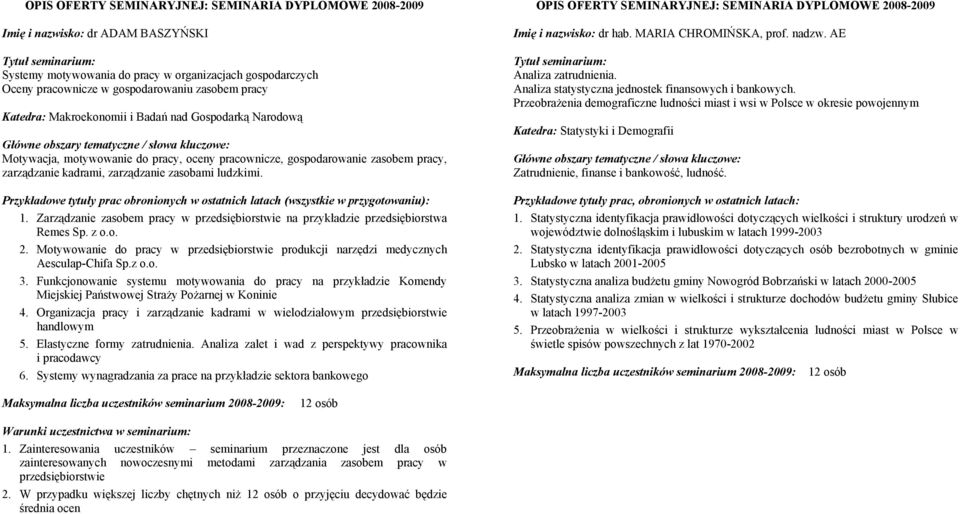 Przykładowe tytuły prac obronionych w ostatnich latach (wszystkie w przygotowaniu): 1. Zarządzanie zasobem pracy w przedsiębiorstwie na przykładzie przedsiębiorstwa Remes Sp. z o.o. 2.