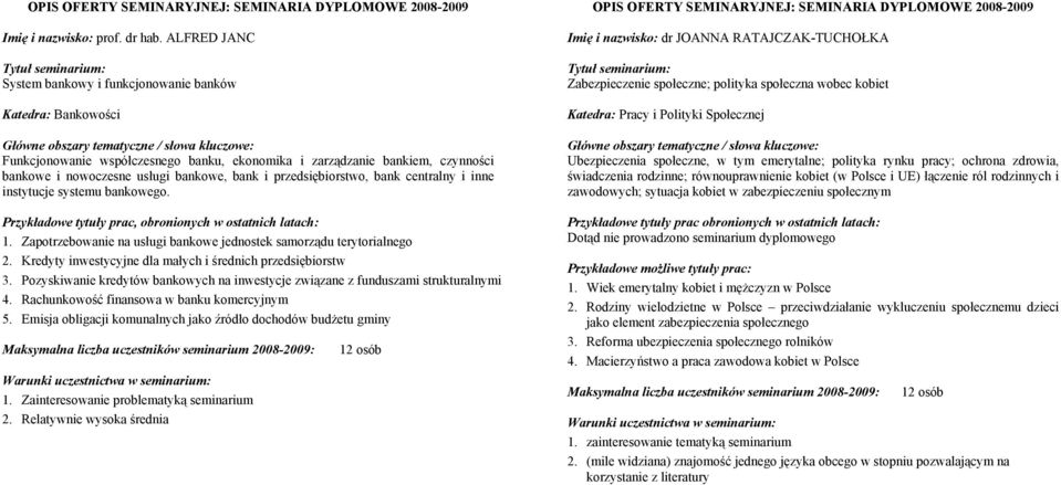 przedsiębiorstwo, bank centralny i inne instytucje systemu bankowego. Przykładowe tytuły prac, obronionych w ostatnich latach: 1.