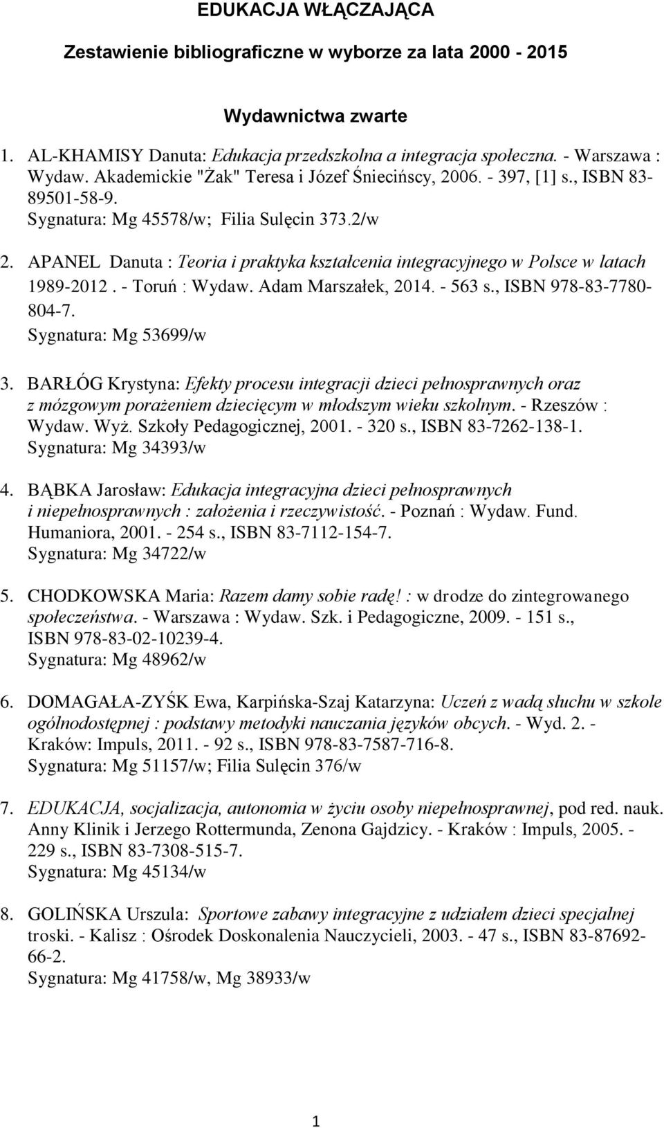 APANEL Danuta : Teoria i praktyka kształcenia integracyjnego w Polsce w latach 1989-2012. - Toruń : Wydaw. Adam Marszałek, 2014. - 563 s., ISBN 978-83-7780-804-7. Sygnatura: Mg 53699/w 3.