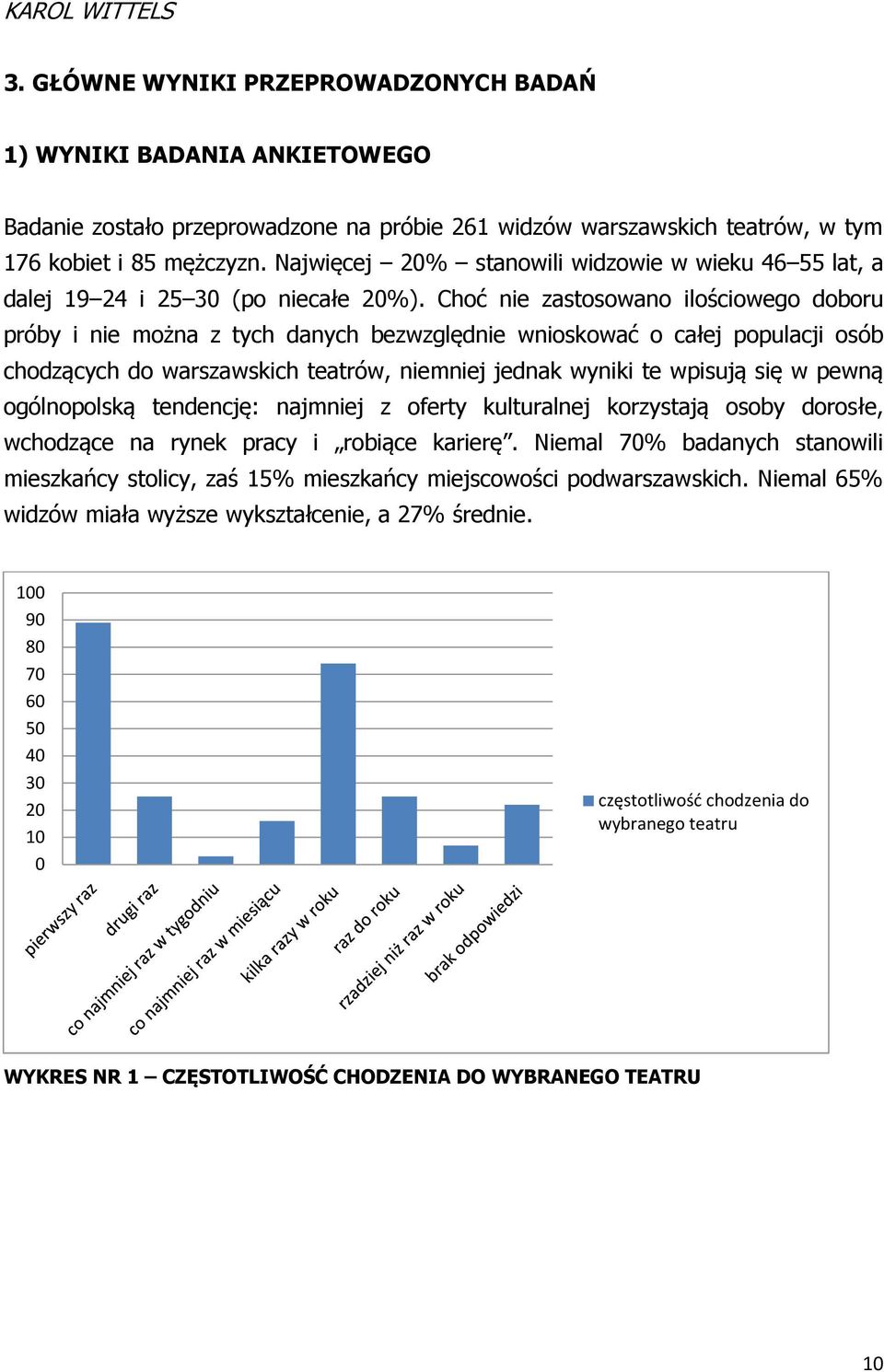 Choć nie zastosowano ilościowego doboru próby i nie można z tych danych bezwzględnie wnioskować o całej populacji osób chodzących do warszawskich teatrów, niemniej jednak wyniki te wpisują się w