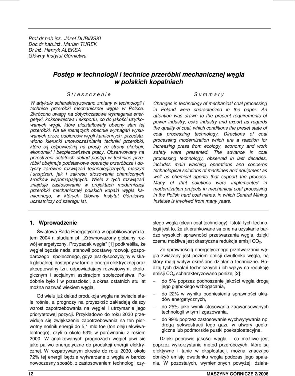 technice przeróbki mechanicznej węgla w Polsce.
