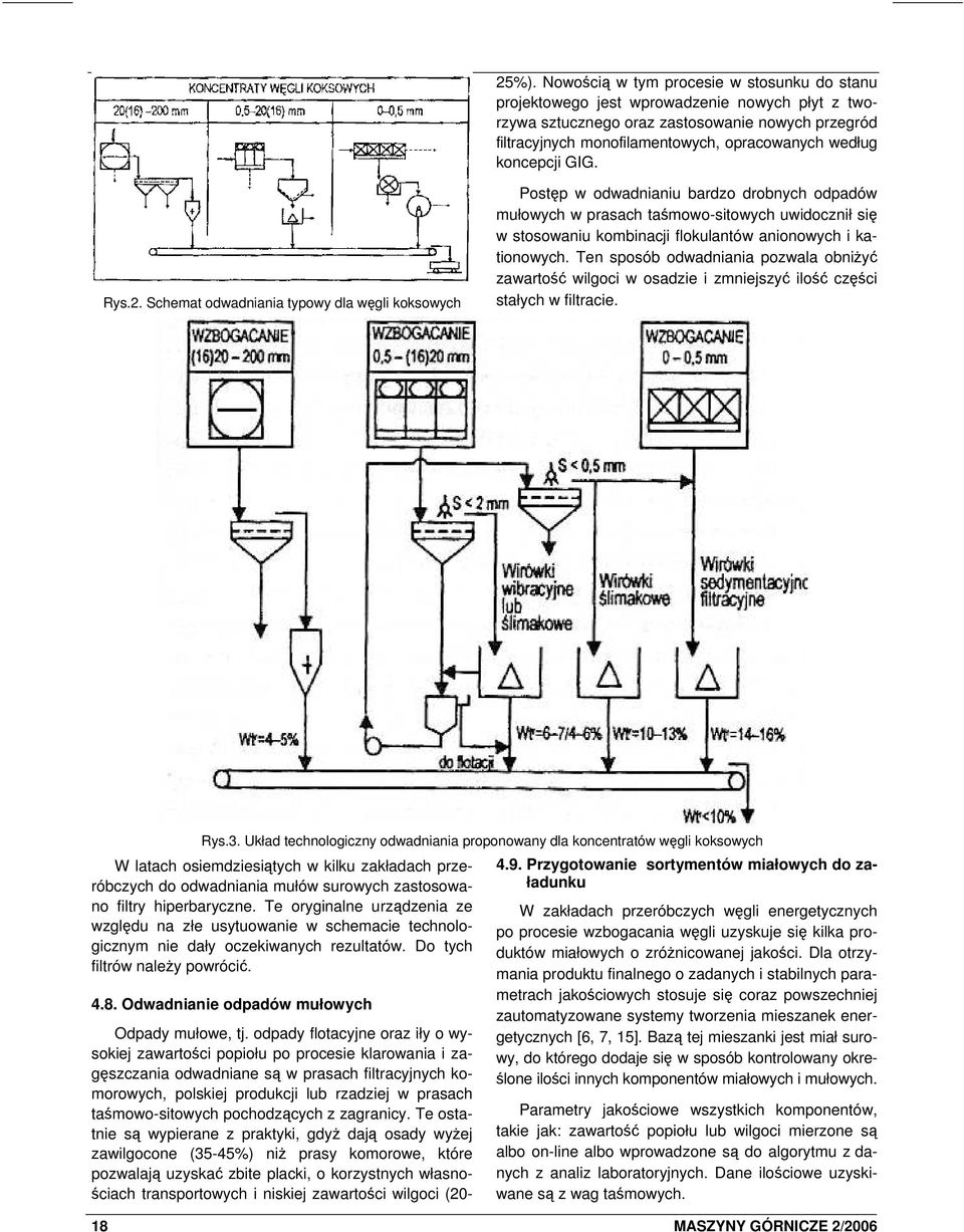 Schemat odwadniania typowy dla węgli koksowych Postęp w odwadnianiu bardzo drobnych odpadów mułowych w prasach taśmowo-sitowych uwidocznił się w stosowaniu kombinacji flokulantów anionowych i