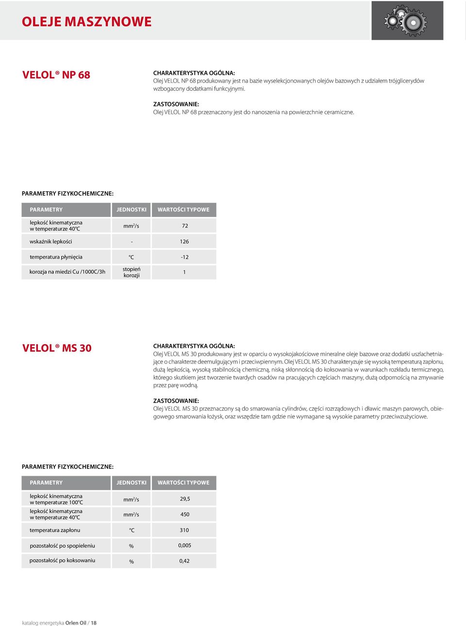 w temperaturze 40 72 126 12 korozja na miedzi Cu /1000C/3h stopień korozji 1 VELOL MS 30 Olej VELOL MS 30 produkowany jest w oparciu o wysokojakościowe mineralne oleje bazowe oraz dodatki